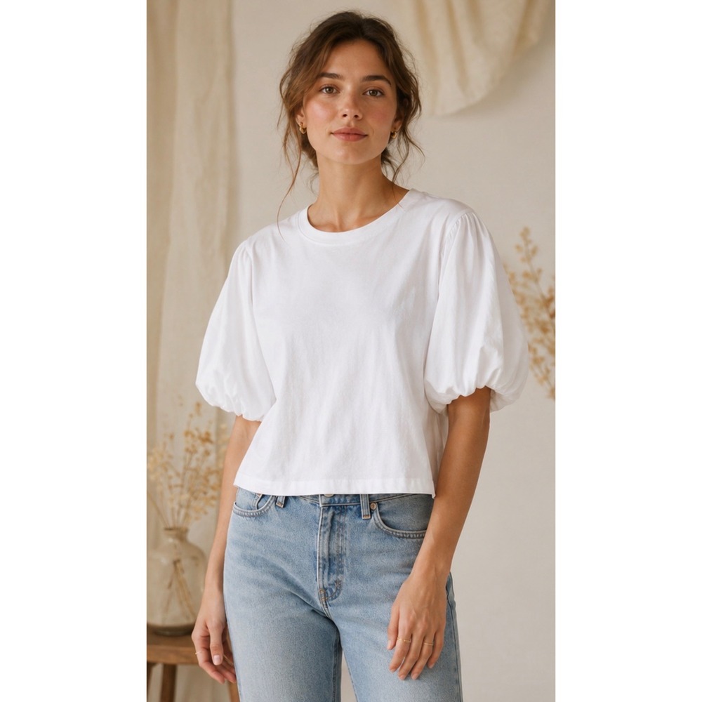 Tuckernuck Pomander Place White Puff Sleeve Top XS Cotton Poplin minimalist chic